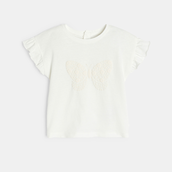 تيشيرت بأكمام مكشكشة، مرسوم عليه فراشة، أبيض اللون، للطفلة الصغيرة